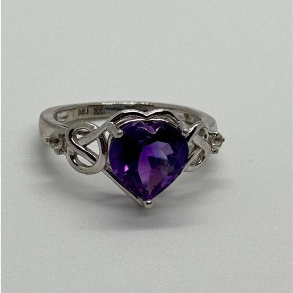 925 STERLING SILVER AMETHYST & GOSHENITE HEART RING SIZE 6